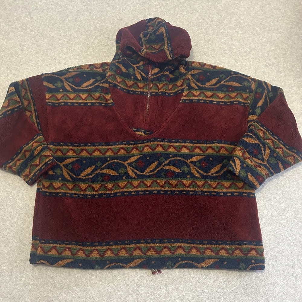 VTG Aztec Tribal Hoodie Mens Large Burgundy Fleece Geometric Pullover Exp Jeans